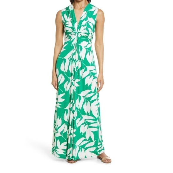 Eliza J Twist Front Leaf Pattern Sleeveless Maxi Dress - Picture 1 of 10
